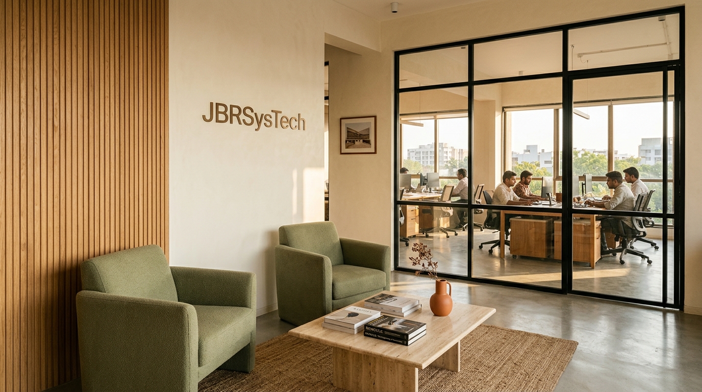 JBRSysTech technology studio reception and consultation lounge in Ahmedabad